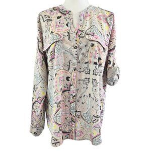 Calvin Klein Multicolor Abstract Paisley Roll Tab Sleeve Button-Up Shirt Boho